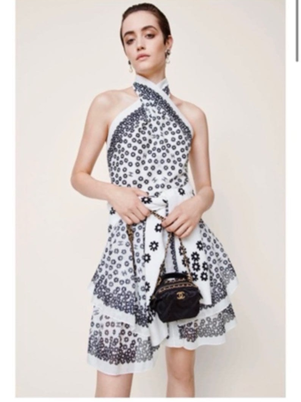 CHANEL White and Black One-Shoulder Floral Eyelet Dress